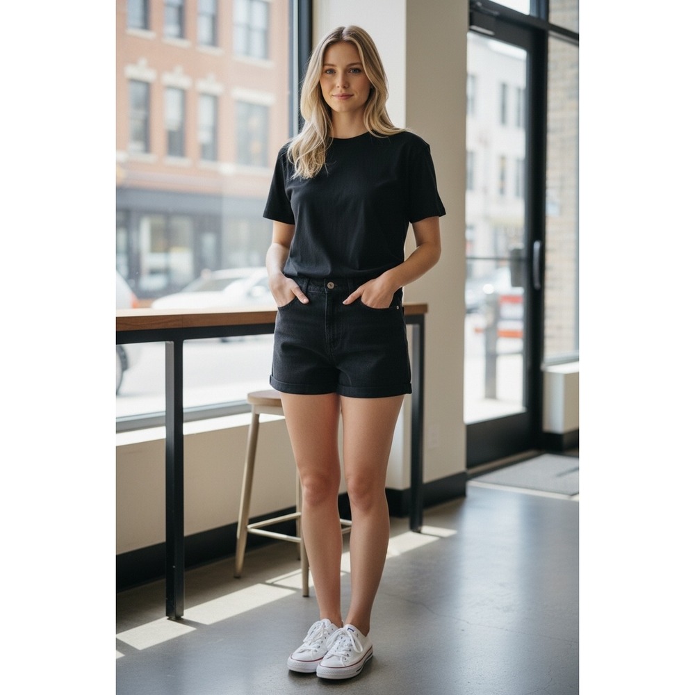 Madewell 9 High Rise Skinny Crop Black Denim Shorts Womens 29 Raw Hem Cuffed